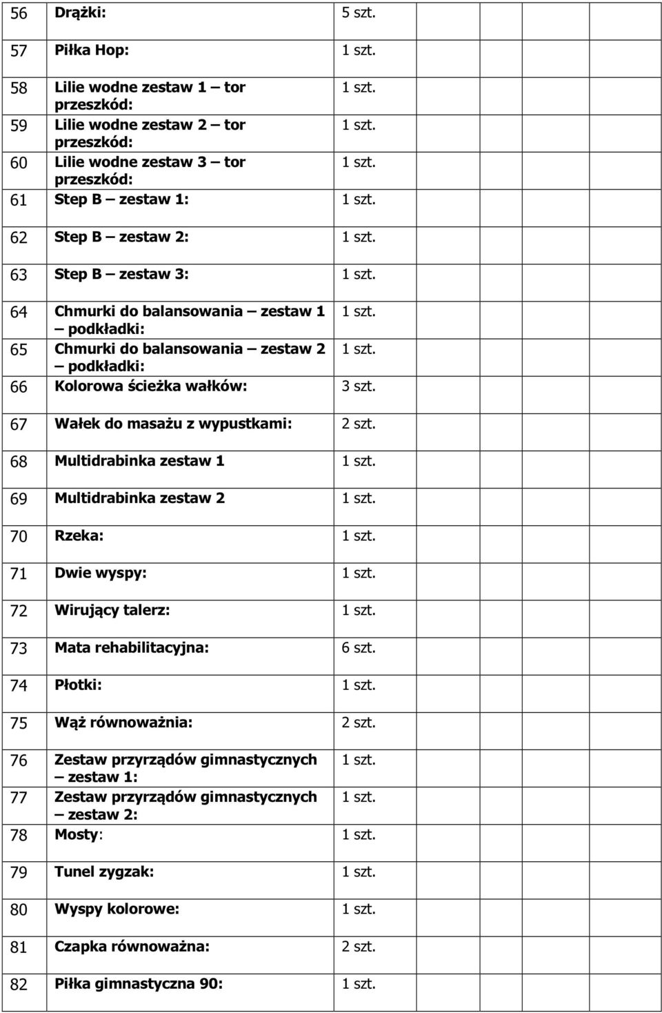 zestaw 3: 64 Chmurki do balansowania zestaw 1 podkładki: 65 Chmurki do balansowania zestaw 2 podkładki: 66 Kolorowa ścieżka wałków: 3 szt. 67 Wałek do masażu z wypustkami: 2 szt.