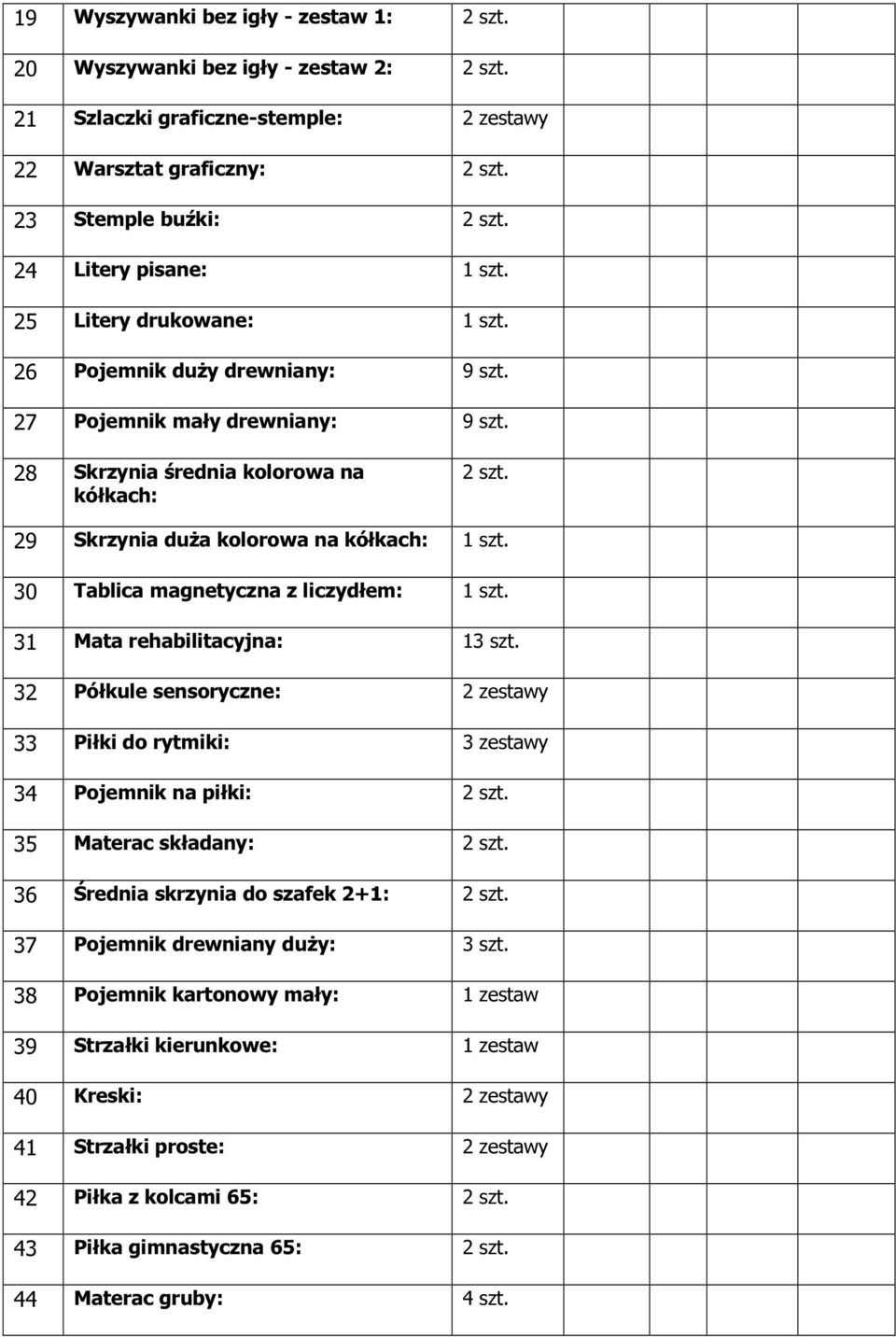 29 Skrzynia duża kolorowa na kółkach: 30 Tablica magnetyczna z liczydłem: 31 Mata rehabilitacyjna: 13 szt. 32 Półkule sensoryczne: 2 zestawy 33 Piłki do rytmiki: 3 zestawy 34 Pojemnik na piłki: 2 szt.