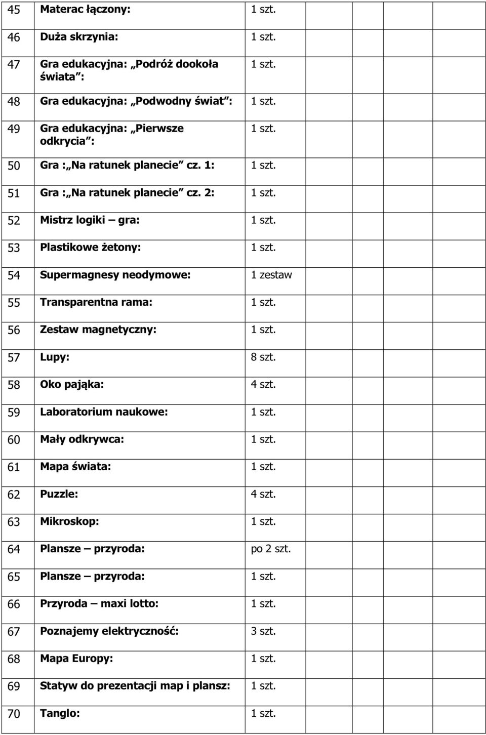 2: 52 Mistrz logiki gra: 53 Plastikowe żetony: 54 Supermagnesy neodymowe: 1 zestaw 55 Transparentna rama: 56 Zestaw magnetyczny: 57 Lupy: 8 szt.