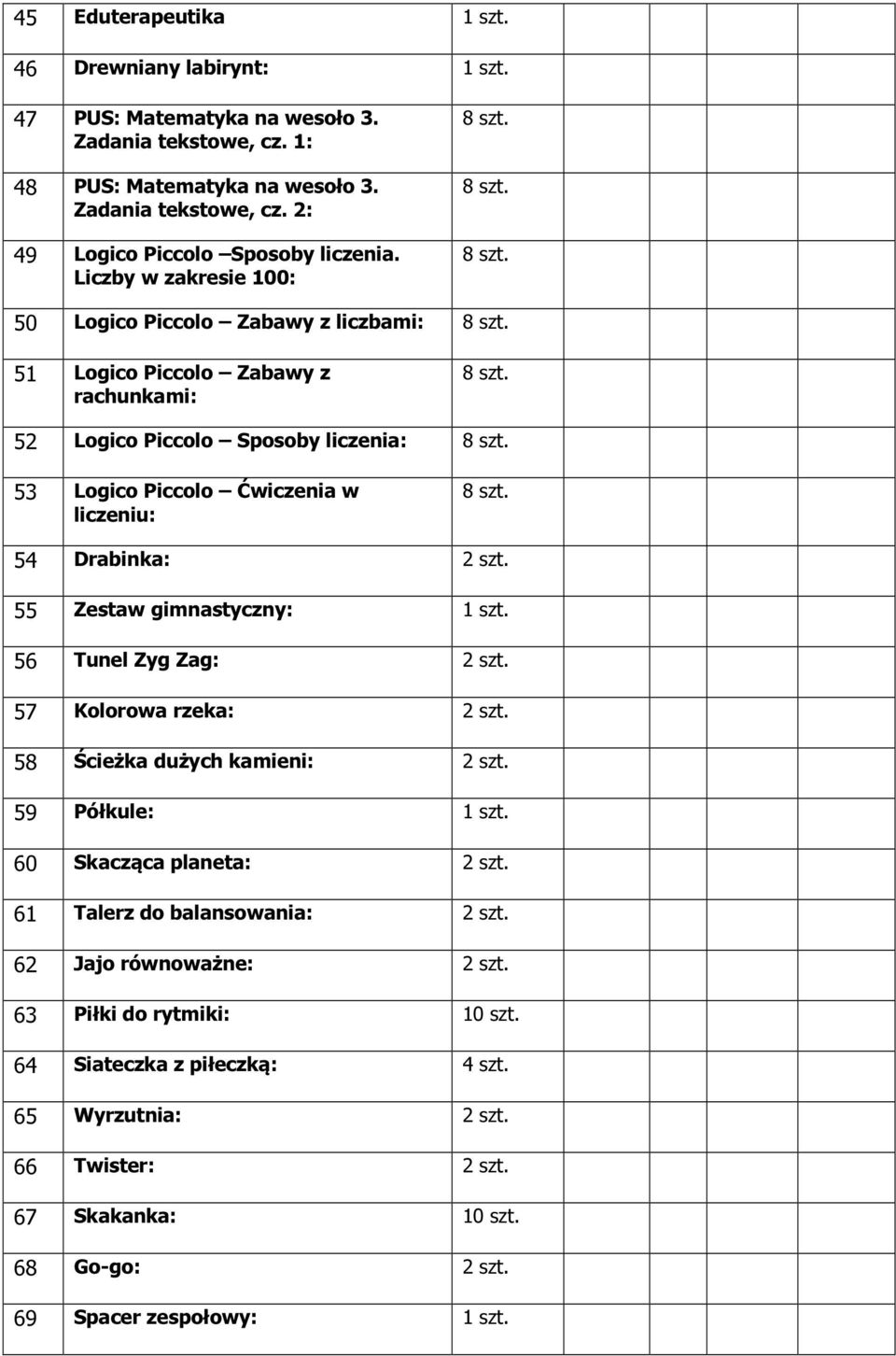 53 Logico Piccolo Ćwiczenia w liczeniu: 8 szt. 54 Drabinka: 2 szt. 55 Zestaw gimnastyczny: 56 Tunel Zyg Zag: 2 szt. 57 Kolorowa rzeka: 2 szt. 58 Ścieżka dużych kamieni: 2 szt.