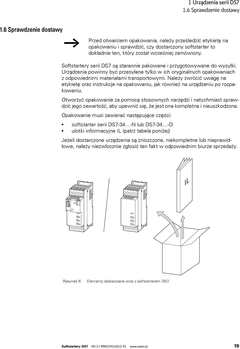 Softstartery serii DS7 są starannie pakowane i przygotowywane do wysyłki. Urządzenia powinny być przesyłane tylko w ich oryginalnych opakowaniach z odpowiednimi materiałami transportowymi.