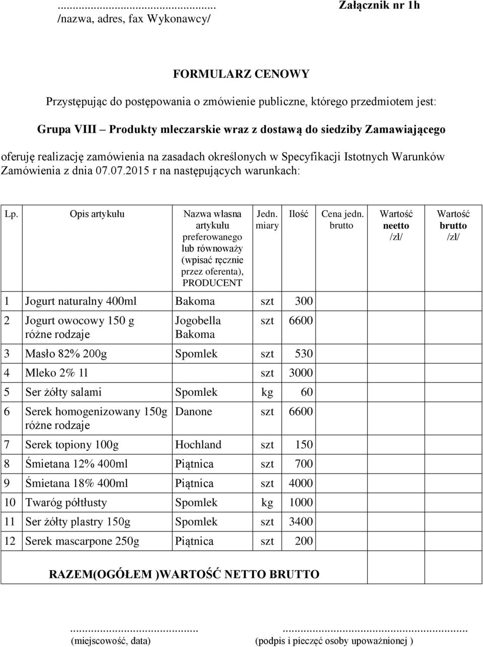 1l szt 3000 5 Ser żółty salami Spomlek kg 60 6 Serek homogenizowany 150g różne rodzaje Danone szt 6600 7 Serek topiony 100g Hochland szt 150 8 Śmietana