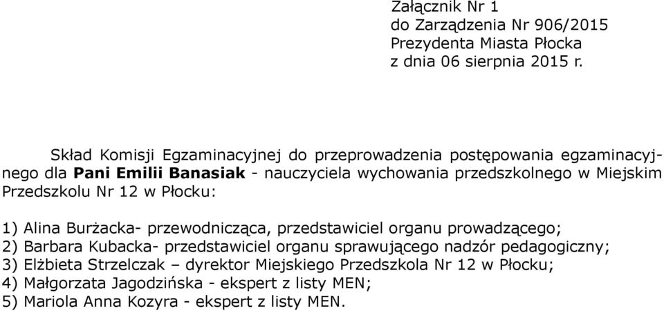 prowadzącego; 2) Barbara Kubacka- przedstawiciel organu sprawującego nadzór pedagogiczny; 3)