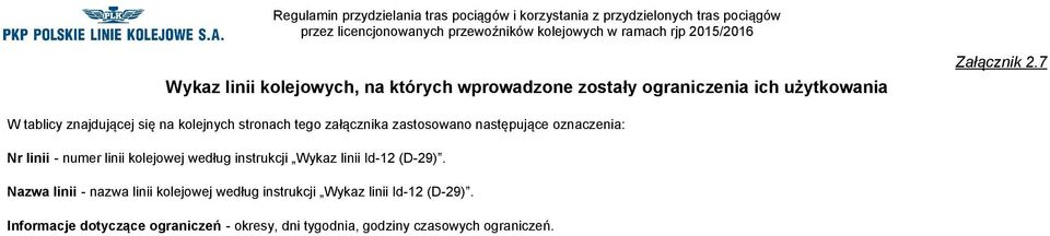 oznaczenia: Nr - numer kolejowej według instrukcji Wykaz Id-12 (D-29).