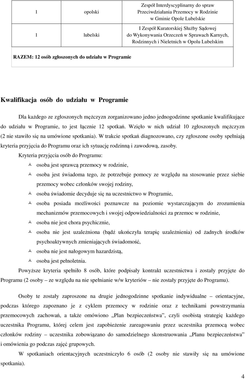 jednogodzinne spotkanie kwalifikujące do udziału w Programie, to jest łącznie 12 spotkań. Wzięło w nich udział 10 zgłoszonych mężczyzn (2 nie stawiło się na umówione spotkania).