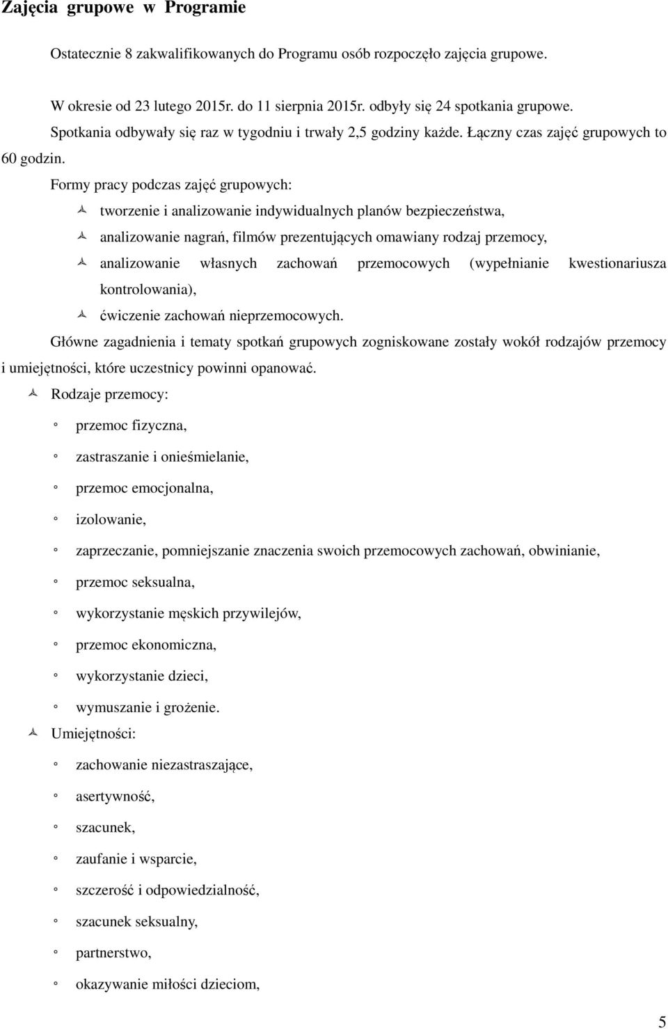 Formy pracy podczas zajęć grupowych: tworzenie i analizowanie indywidualnych planów bezpieczeństwa, analizowanie nagrań, filmów prezentujących omawiany rodzaj przemocy, analizowanie własnych zachowań