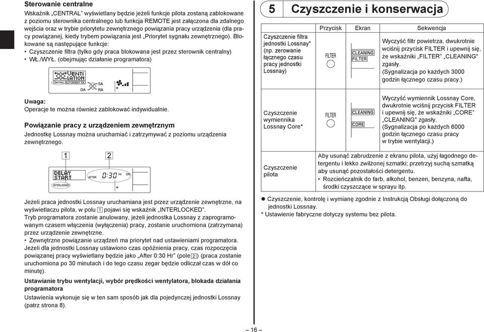 Blokowane są następujące funkcje: Czyszczenie filtra (tylko gdy praca blokowana jest przez sterownik centralny) WŁ./WYŁ.