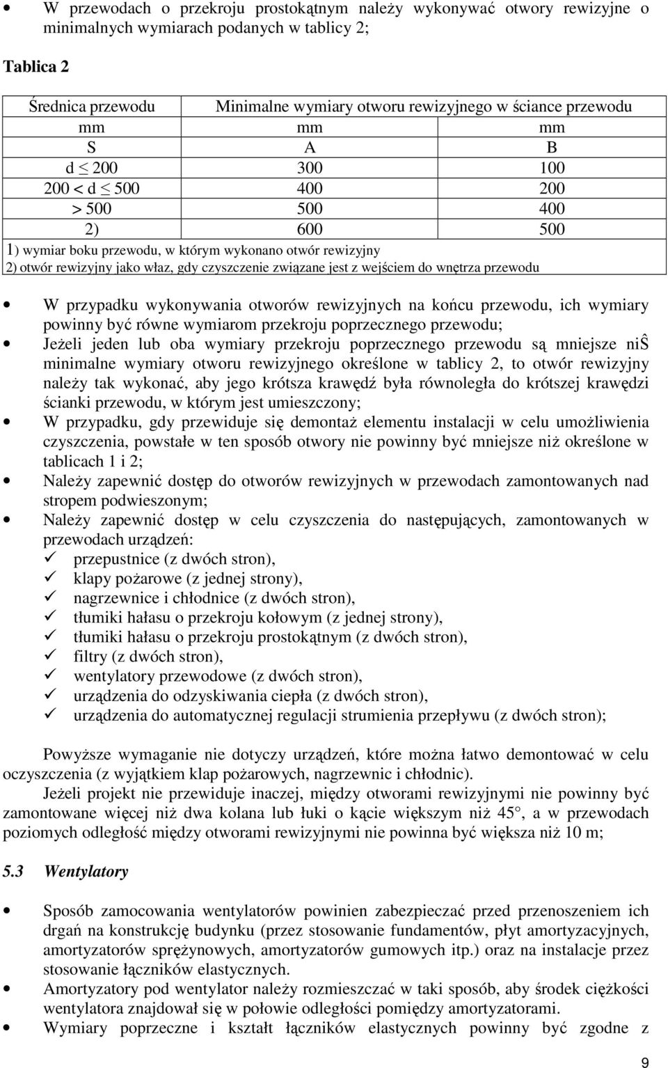 jest z wejściem do wnętrza przewodu W przypadku wykonywania otworów rewizyjnych na końcu przewodu, ich wymiary powinny być równe wymiarom przekroju poprzecznego przewodu; JeŜeli jeden lub oba wymiary