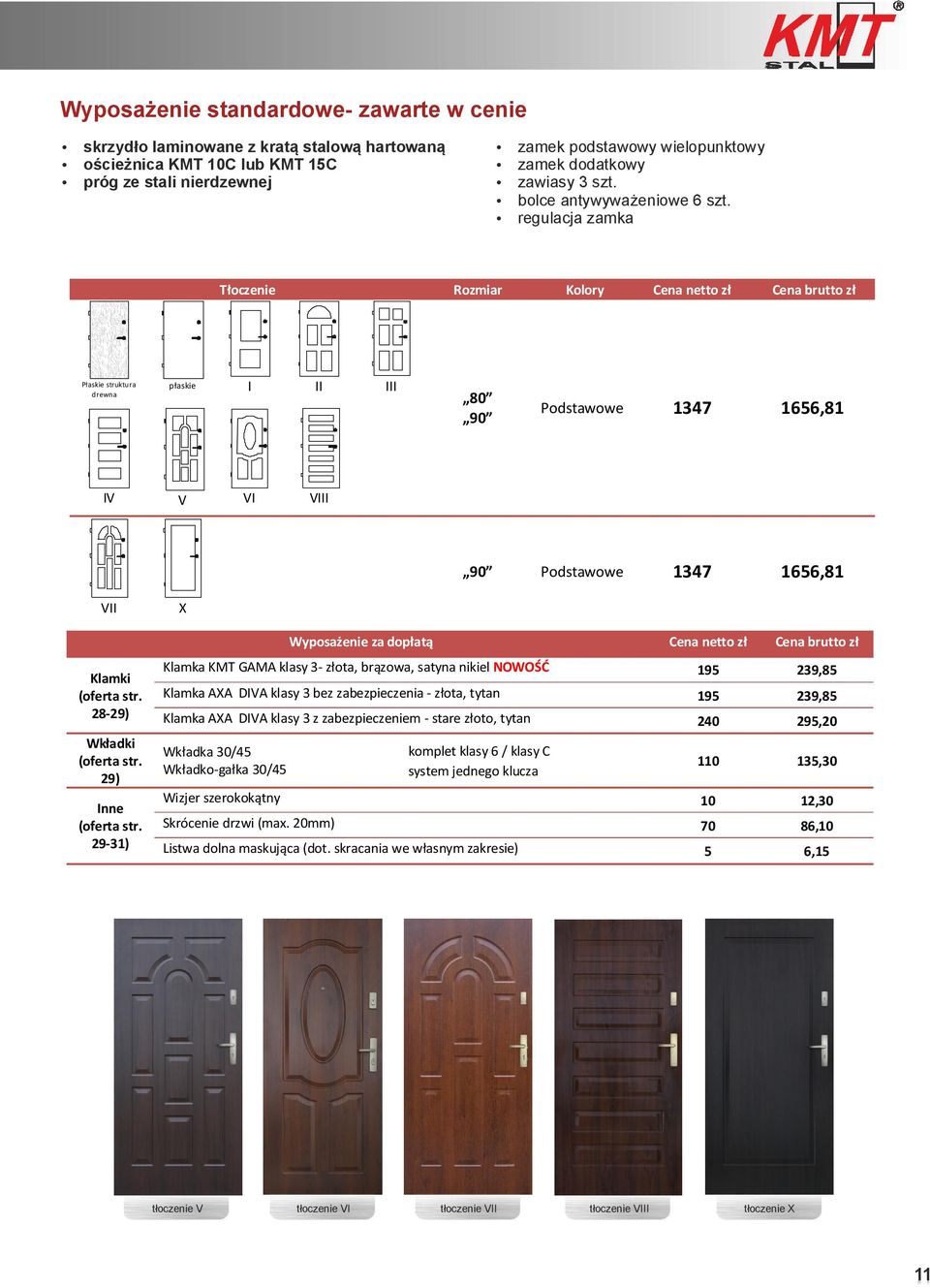 regulacja zamka Tłoczenie Rozmiar Kolory Cena netto zł Cena brutto zł Płaskie struktura drewna płaskie I II III 80 90 Podstawowe 1347 1656,81 IV V VI VIII 90 Podstawowe 1347 1656,81 VII X Wyposażenie