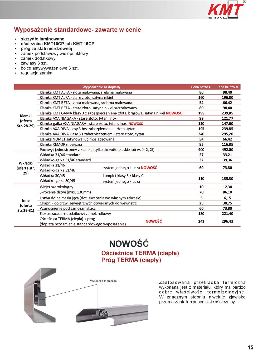 29-31) Wyposażenie za dopłatą Cena netto zł Cena brutto zł Klamka KMT ALFA - złota malowana, srebrna malowana 80 98,40 Klamka KMT ALFA - stare złoto, satyna nikiel 160 196,80 Klamka KMT BETA - złota