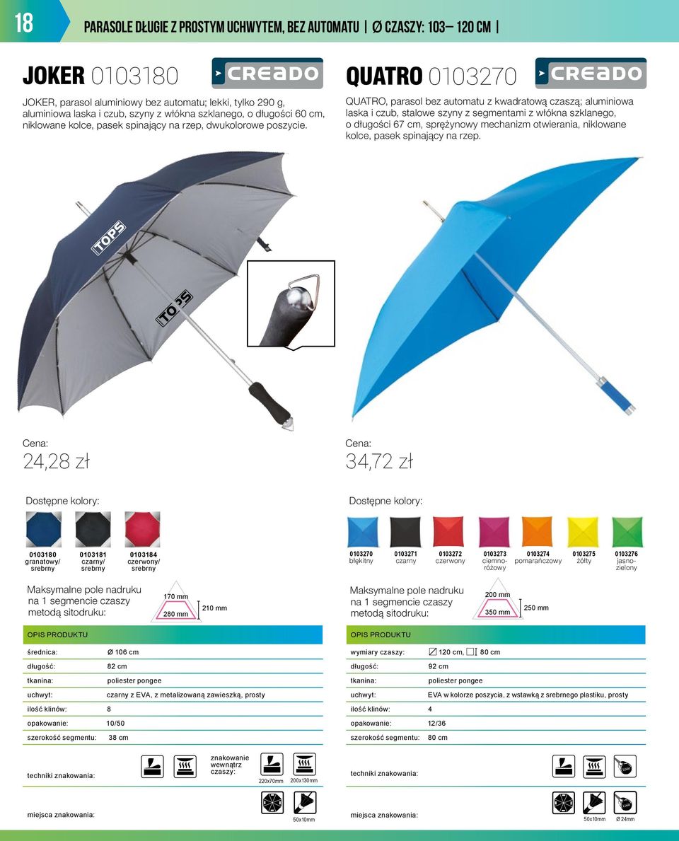 QUATRO, parasol bez automatu z kwadratową czaszą; aluminiowa laska i czub, stalowe szyny z segmentami z włókna szklanego, o długości 67 cm, sprężynowy mechanizm otwierania, niklowane kolce, pasek