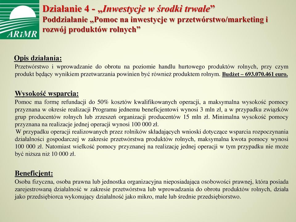 Pomoc ma formę refundacji do 50% kosztów kwalifikowanych operacji, a maksymalna wysokość pomocy przyznana w okresie realizacji Programu jednemu beneficjentowi wynosi 3 mln zł, a w przypadku związków