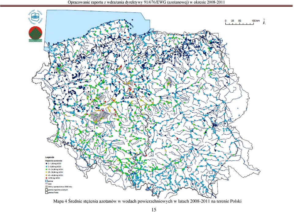 Mapa 4 Średnie stężenia azotanów w wodach