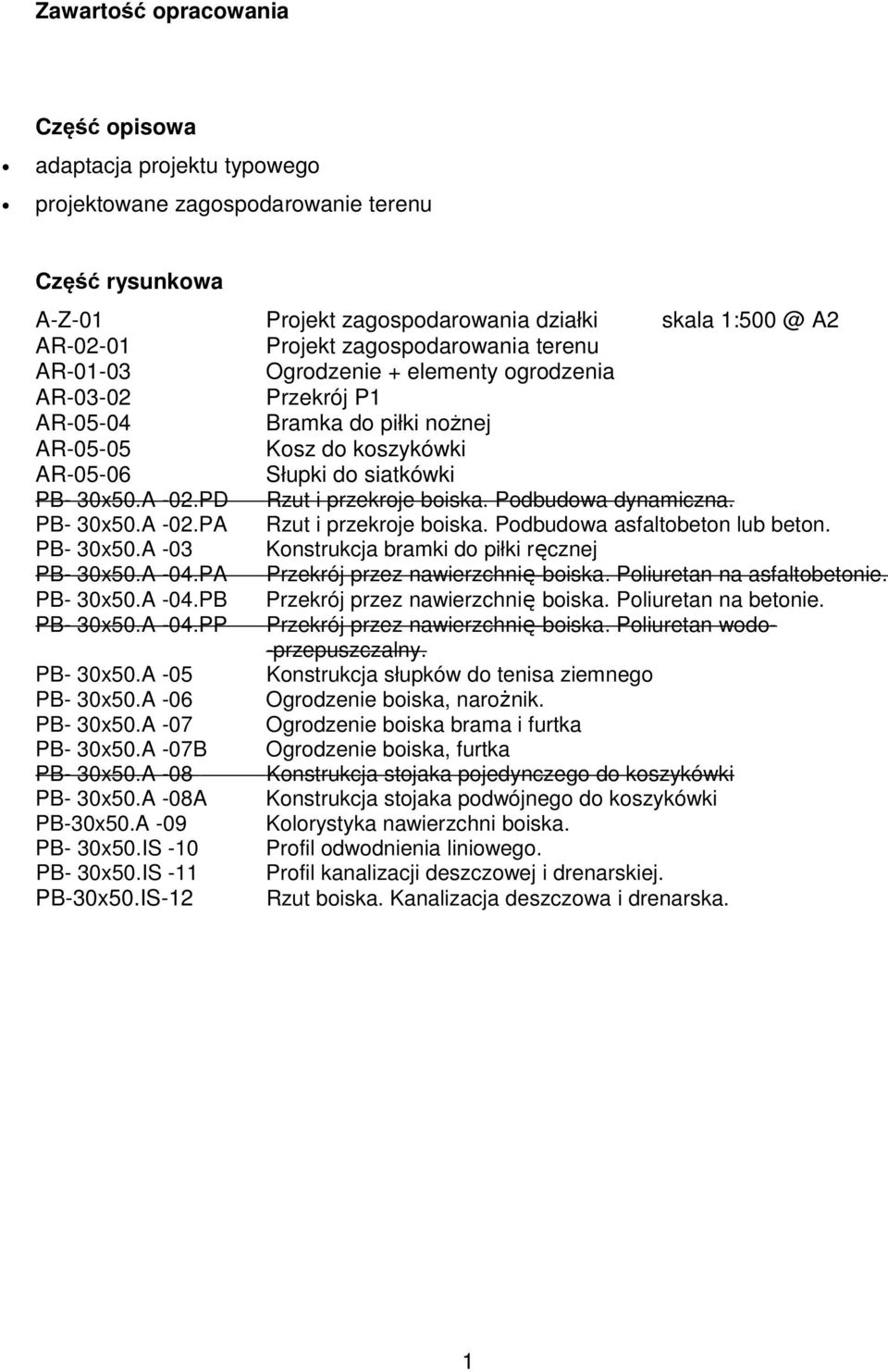 PD Rzut i przekroje boiska. Podbudowa dynamiczna. PB- 30x50.A -02.PA Rzut i przekroje boiska. Podbudowa asfaltobeton lub beton. PB- 30x50.A -03 Konstrukcja bramki do piłki ręcznej PB- 30x50.A -04.