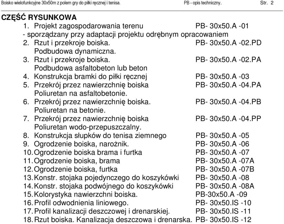 Konstrukcja bramki do piłki ręcznej PB- 30x50.A -03 5. Przekrój przez nawierzchnię boiska PB- 30x50.A -04.PA Poliuretan na asfaltobetonie. 6. Przekrój przez nawierzchnię boiska. PB- 30x50.A -04.PB Poliuretan na betonie.