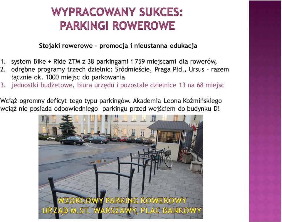 odrębne programy trzech dzielnic: Śródmieście, Praga Płd., Ursus razem łącznie ok. 1000 miejsc do parkowania 3.
