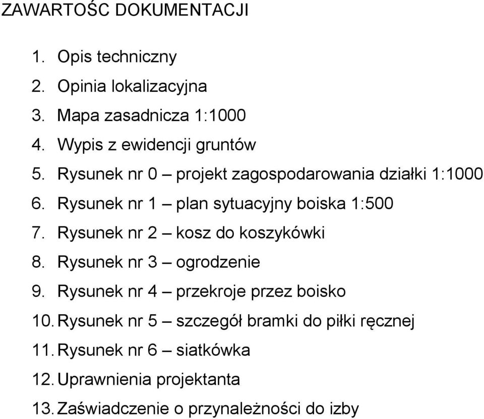 Rysunek nr 1 plan sytuacyjny boiska 1:500 7. Rysunek nr 2 kosz do koszykówki 8. Rysunek nr 3 ogrodzenie 9.