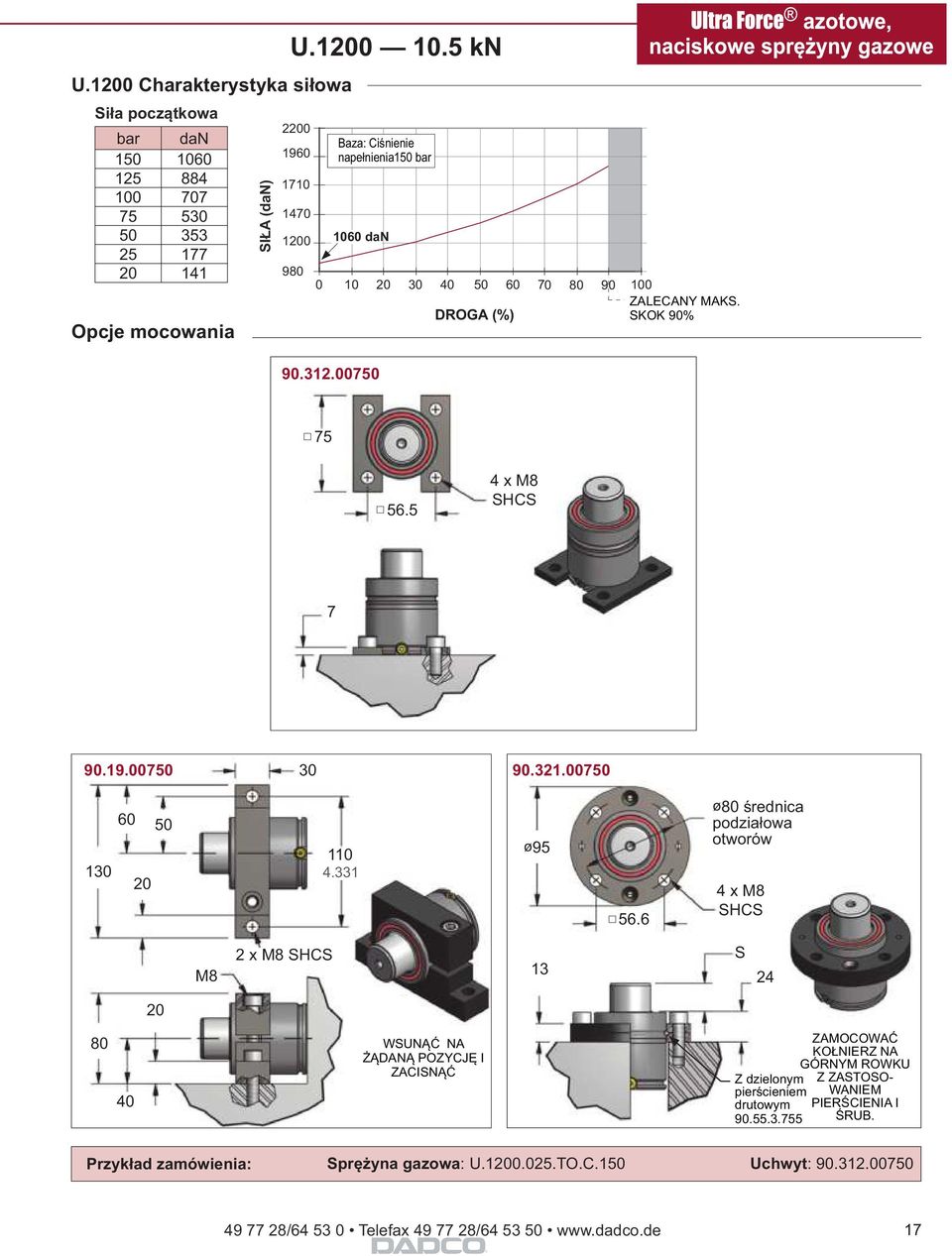 00750 Baza: iśnienie napełnienia150 bar 1060 dan 75 56.5 4 x M8 H 7 90.19.00750 30 90.321.00750 60 50 130 20 110 4.331 ø95 56.