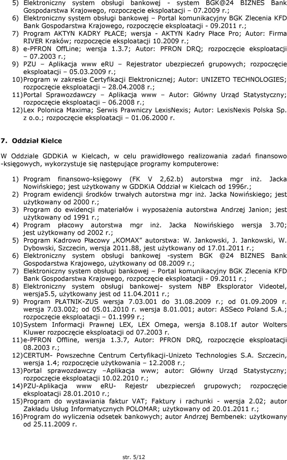 2009 r.; 8) e-pfron OffLine; wersja 1.3.7; Autor: PFRON DRQ; rozpoczęcie eksploatacji 07.2003 r.; 9) PZU Aplikacja www eru Rejestrator ubezpieczeń grupowych; rozpoczęcie eksploatacji 05.03.2009 r.; 10) Program w zakresie Certyfikacji Elektronicznej; Autor: UNIZETO TECHNOLOGIES; rozpoczęcie eksploatacji 28.
