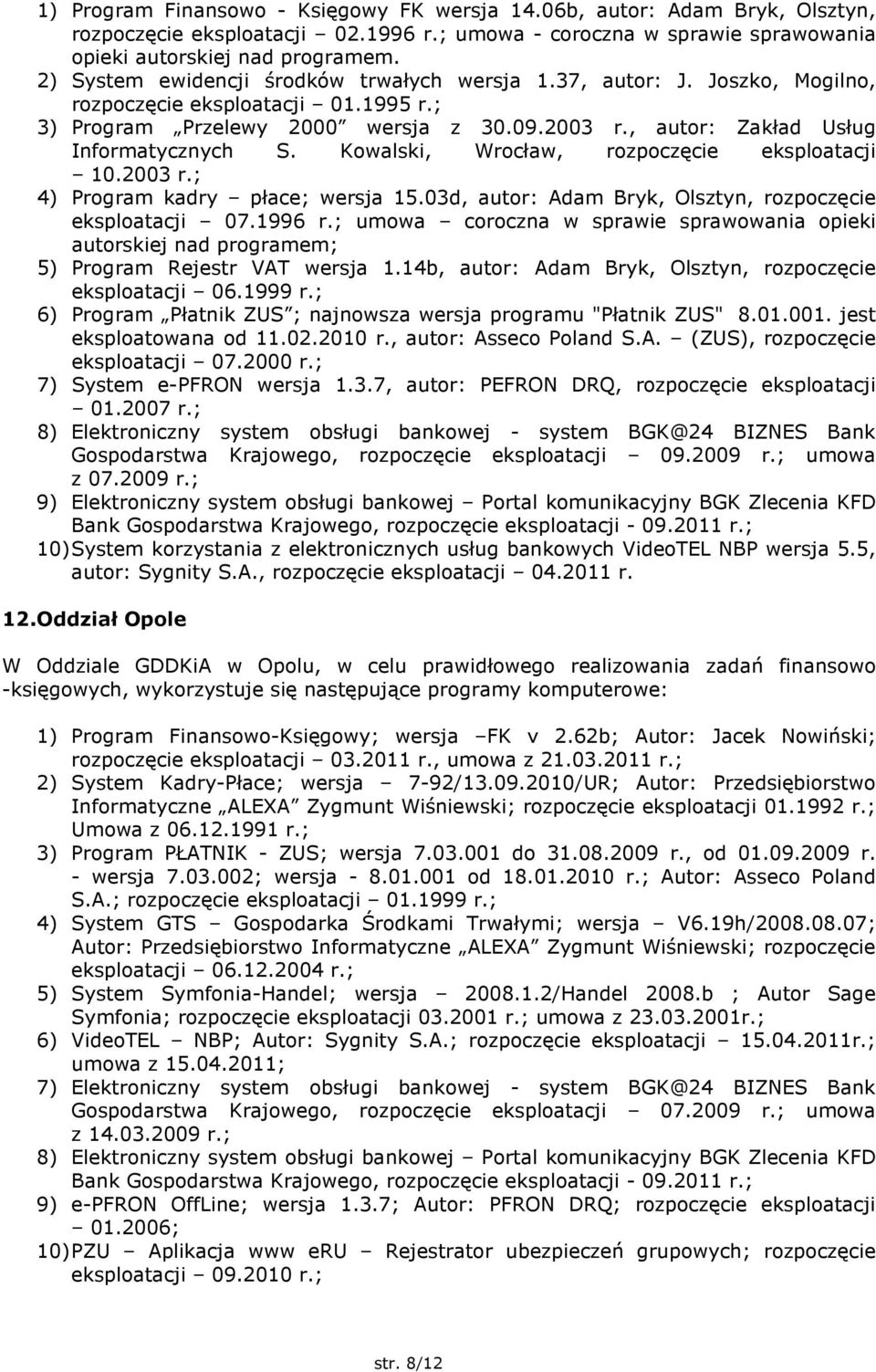 , autor: Zakład Usług Informatycznych S. Kowalski, Wrocław, rozpoczęcie eksploatacji 10.2003 r.; 4) Program kadry płace; wersja 15.03d, autor: Adam Bryk, Olsztyn, rozpoczęcie eksploatacji 07.1996 r.