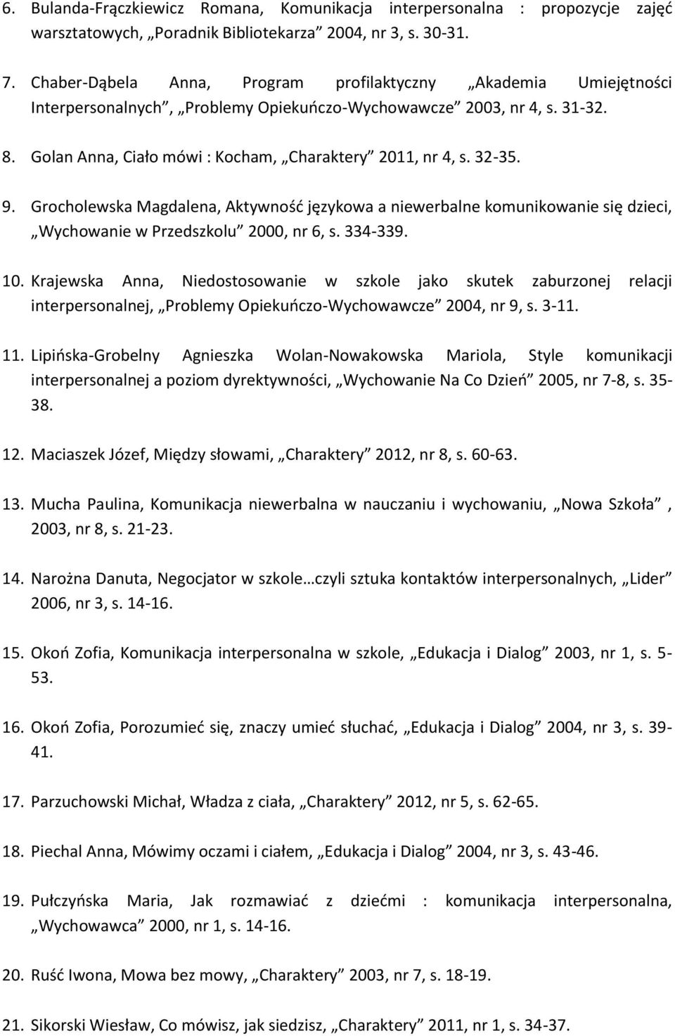 32-35. 9. Grocholewska Magdalena, Aktywność językowa a niewerbalne komunikowanie się dzieci, Wychowanie w Przedszkolu 2000, nr 6, s. 334-339. 10.