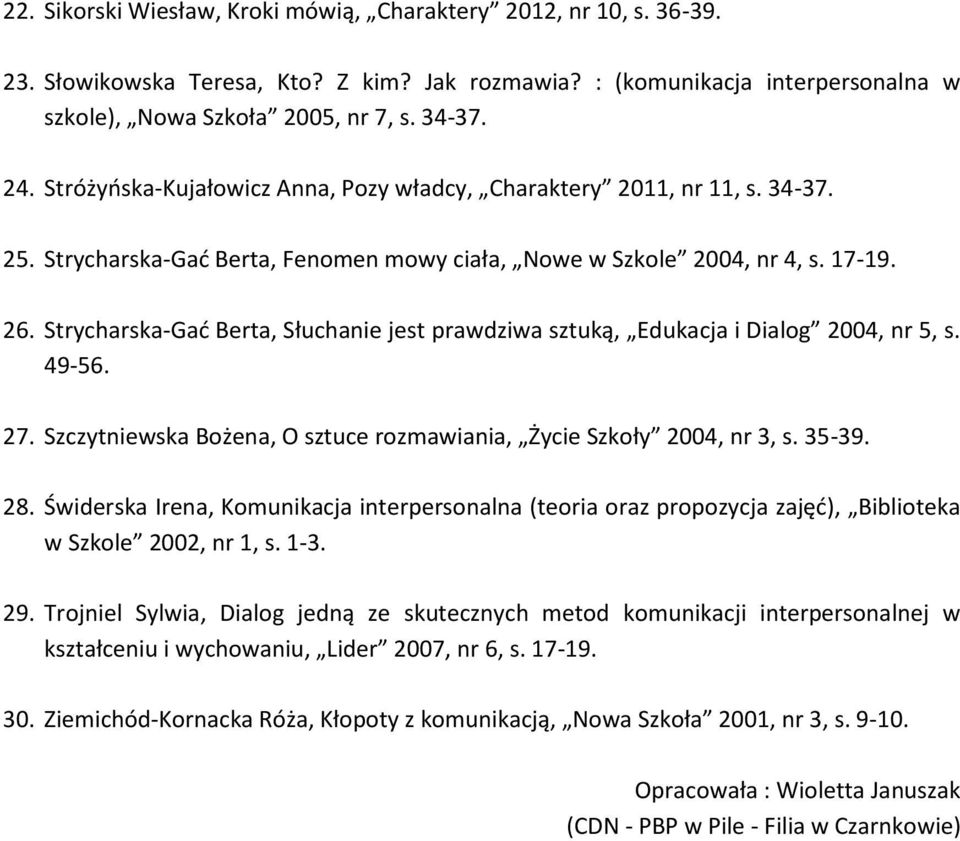 Strycharska-Gać Berta, Słuchanie jest prawdziwa sztuką, Edukacja i Dialog 2004, nr 5, s. 49-56. 27. Szczytniewska Bożena, O sztuce rozmawiania, Życie Szkoły 2004, nr 3, s. 35-39. 28.