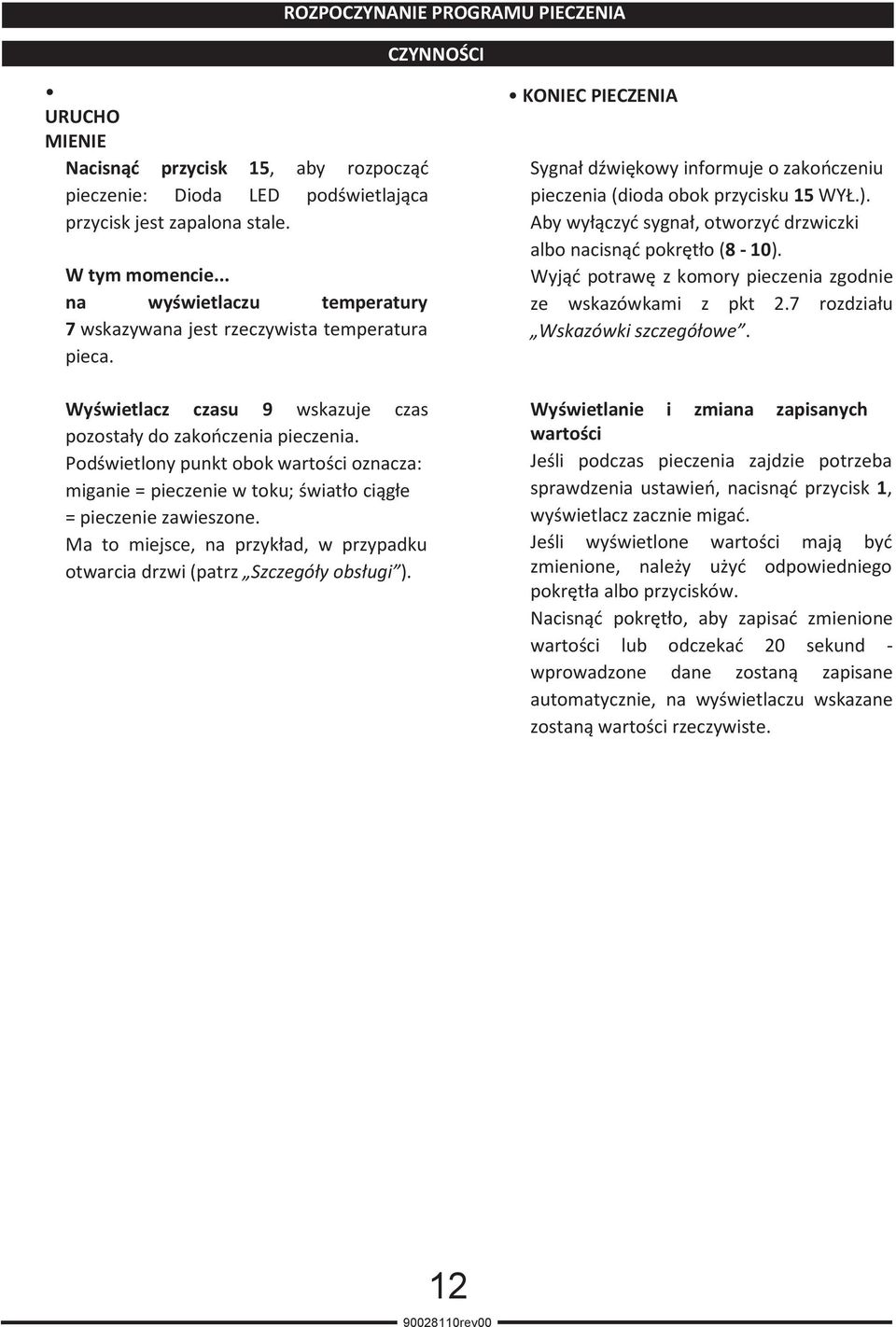 Podświetlony punkt obok wartości oznacza: miganie = pieczenie w toku; światło ciągłe = pieczenie zawieszone. Ma to miejsce, na przykład, w przypadku otwarcia drzwi (patrz Szczegóły obsługi ).