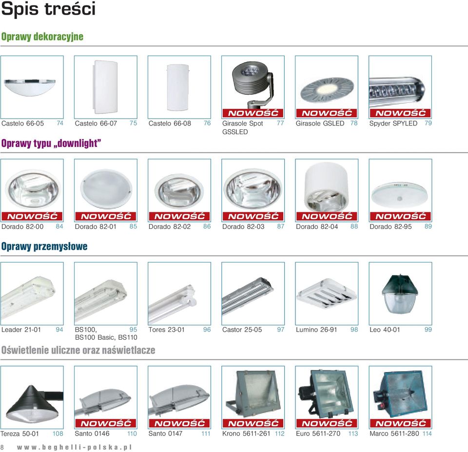 Oprawy przemysłowe Leader 21-01 94 BS100, 95 Tores 23-01 96 Castor 25-05 97 Lumino 26-91 98 Leo 40-01 99 BS100 Basic, BS110 Oświetlenie uliczne oraz naświetlacze