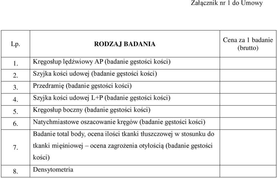 Szyjka kości udowej L+P (badanie gęstości kości) 5. Kręgosłup boczny (badanie gęstości kości) 6.