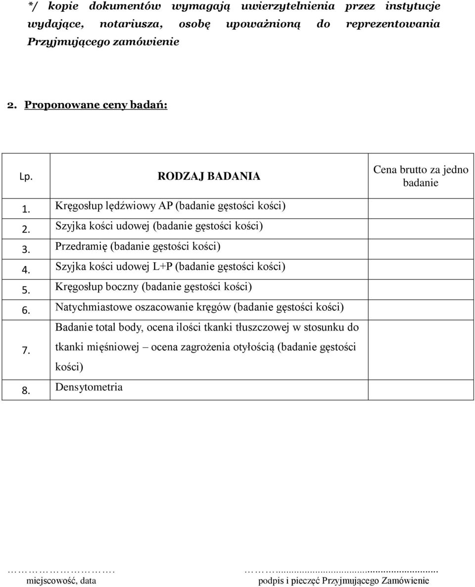 Szyjka kości udowej L+P (badanie gęstości kości) 5. Kręgosłup boczny (badanie gęstości kości) 6.