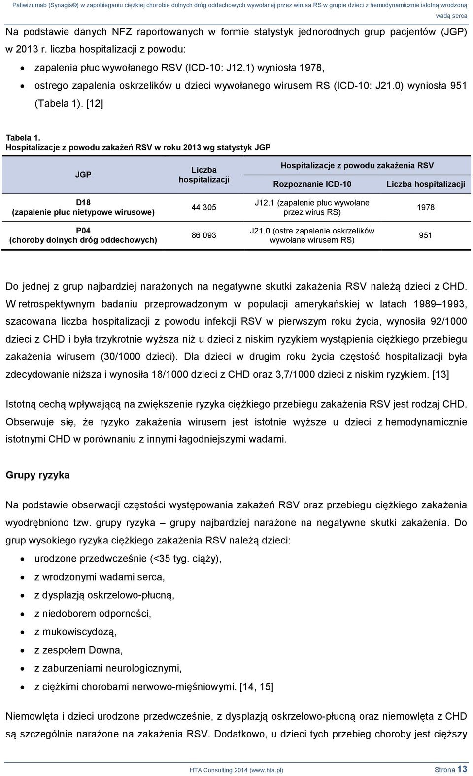 Hospitalizacje z powodu zakażeń RSV w roku 2013 wg statystyk JGP JGP Liczba hospitalizacji Hospitalizacje z powodu zakażenia RSV Rozpoznanie ICD-10 Liczba hospitalizacji D18 (zapalenie płuc nietypowe