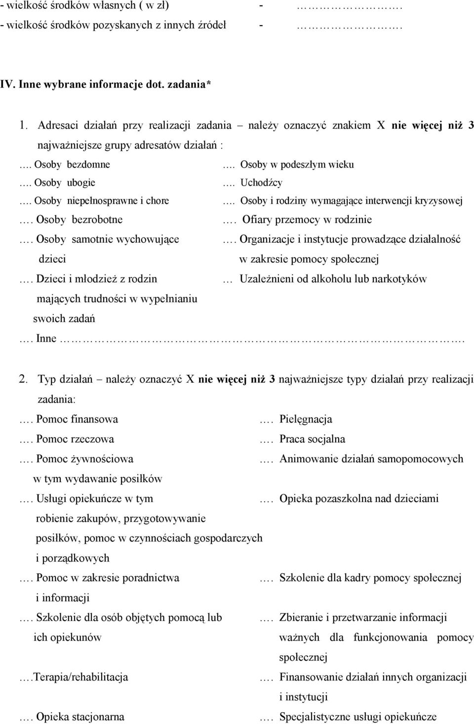 Osoby niepełnosprawne i chore. Osoby i rodziny wymagające interwencji kryzysowej. Osoby bezrobotne. Ofiary przemocy w rodzinie. Osoby samotnie wychowujące.