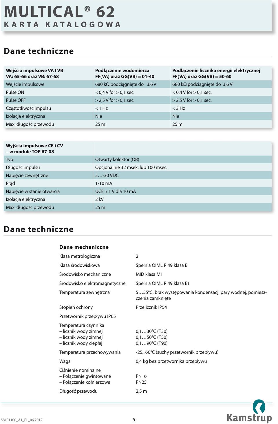 > 2,5 V for > 0,1 sec. Częstotliwość impulsu < 1 Hz < 3 Hz Izolacja elektryczna Nie Nie Max.