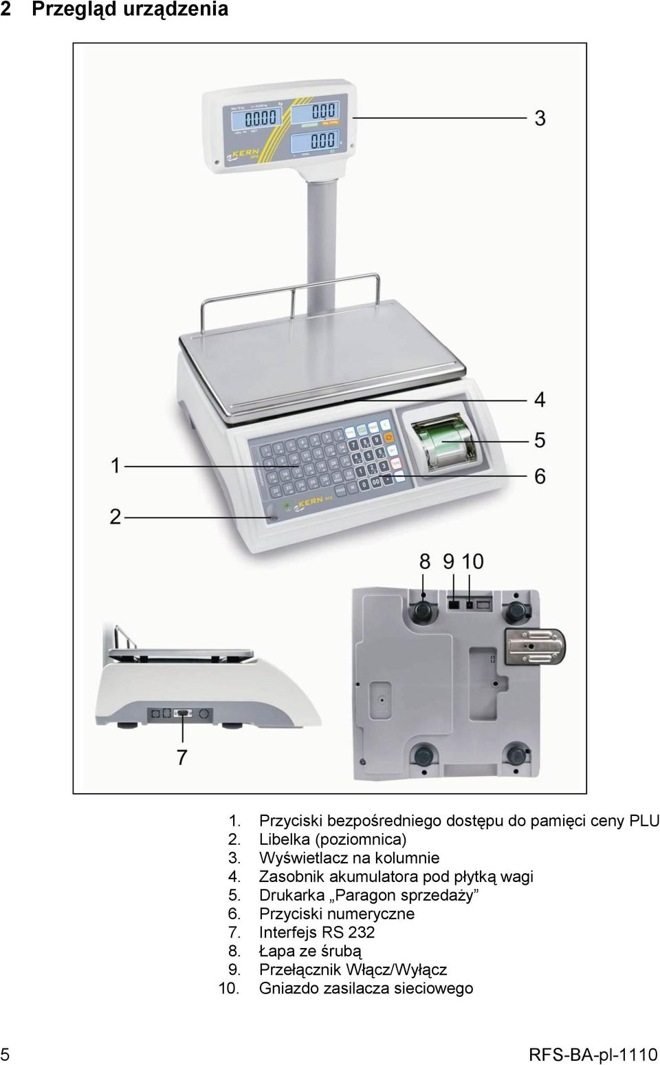 Zasobnik akumulatora pod płytką wagi 5. Drukarka Paragon sprzedaży 6.