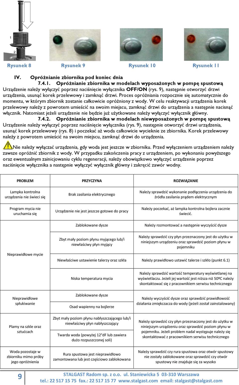 W celu reaktywacji urządzenia korek przelewowy należy z powrotem umieścić na swoim miejscu, zamknąć drzwi do urządzenia a następnie nacisnąć włącznik.