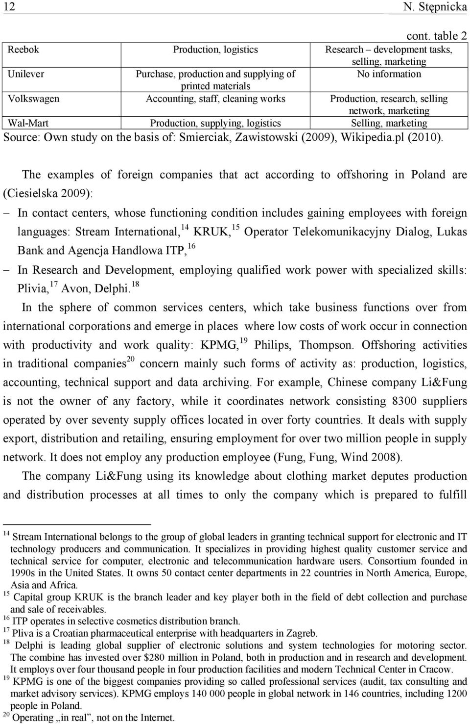 cleaning works Production, research, selling network, marketing Wal-Mart Production, supplying, logistics Selling, marketing Source: Own study on the basis of: Smierciak, Zawistowski (2009),