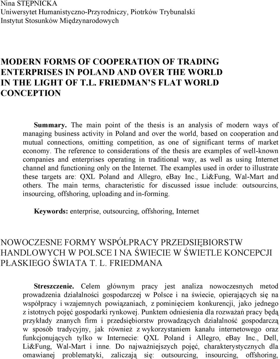 The main point of the thesis is an analysis of modern ways of managing business activity in Poland and over the world, based on cooperation and mutual connections, omitting competition, as one of
