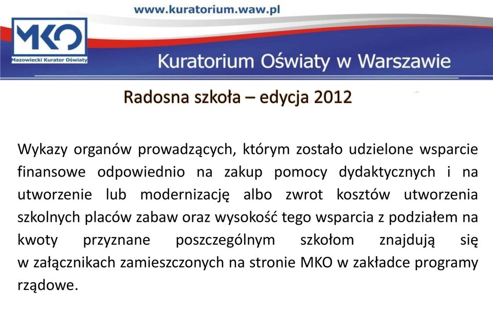 szkolnych placów zabaw oraz wysokość tego wsparcia z podziałem na kwoty przyznane