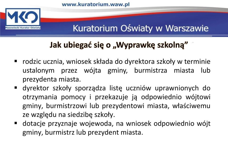 dyrektor szkoły sporządza listę uczniów uprawnionych do otrzymania pomocy i przekazuje ją odpowiednio