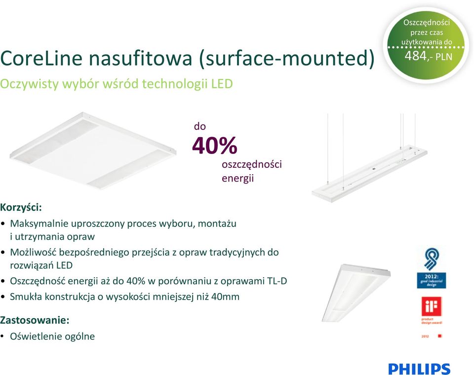 Możliwość bezpośredniego przejścia z opraw tradycyjnych do rozwiązań LED Oszczędność energii aż do
