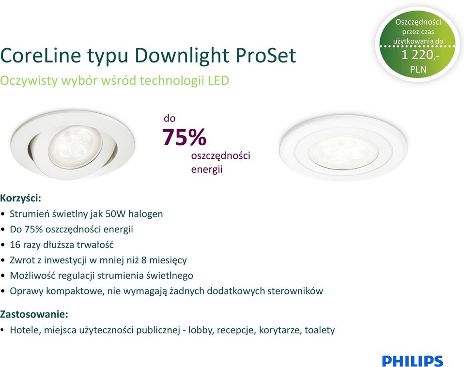 inwestycji w mniej niż 8 miesięcy Możliwość regulacji strumienia świetlnego Oprawy kompaktowe, nie wymagają