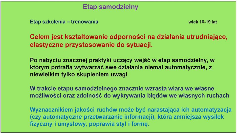 Po nabyciu znacznej praktyki uczący wejść w etap samodzielny, w którym potrafią wytwarzać swe działania niemal automatycznie, z niewielkim tylko skupieniem