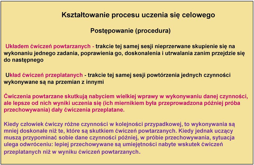 skutkują nabyciem wielkiej wprawy w wykonywaniu danej czynności, ale lepsze od nich wyniki uczenia się (ich miernikiem była przeprowadzona później próba przechowywania) dały ćwiczenia przeplatane.