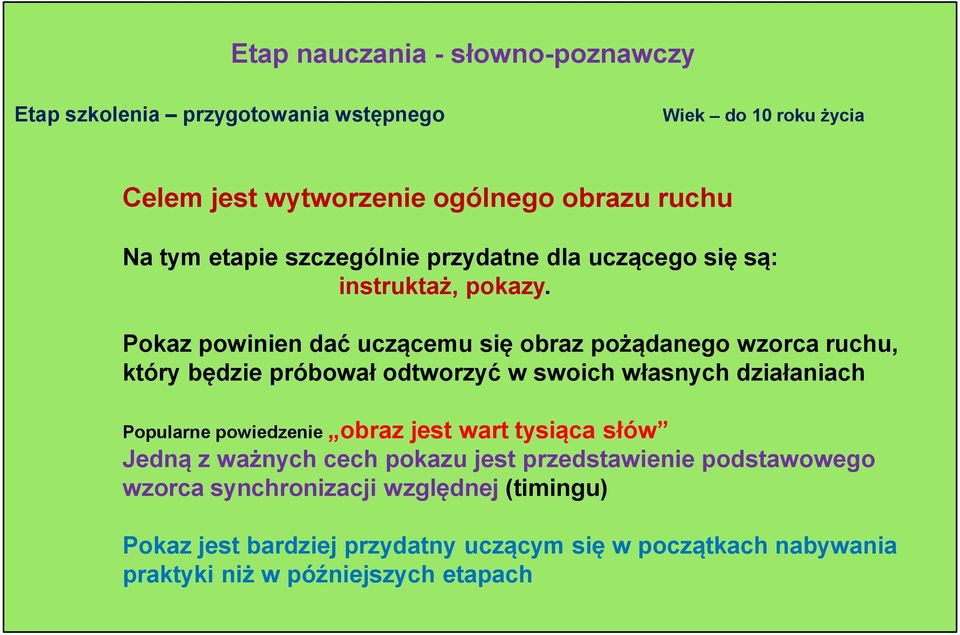 Pokaz powinien dać uczącemu się obraz pożądanego wzorca ruchu, który będzie próbował odtworzyć w swoich własnych działaniach Popularne powiedzenie