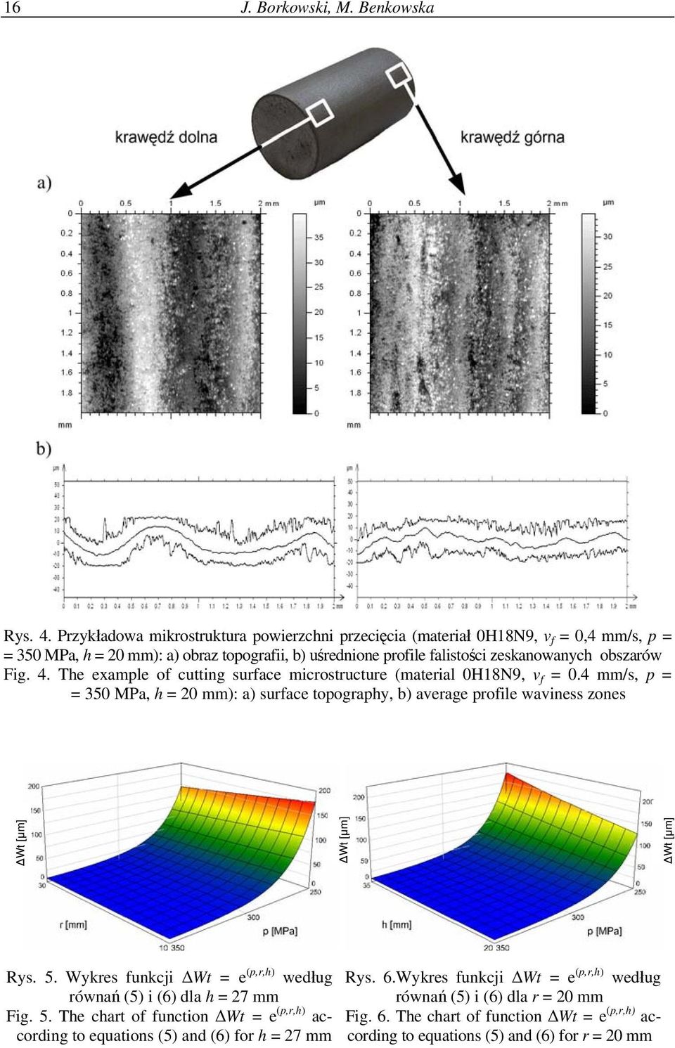 obszarów Fig. 4. The example of cutting surface microstructure (material 0H18N9, v f = 0.4 mm/s, p = = 350 MPa, h = 20 mm): a) surface topography, b) average profile waviness zones Rys.