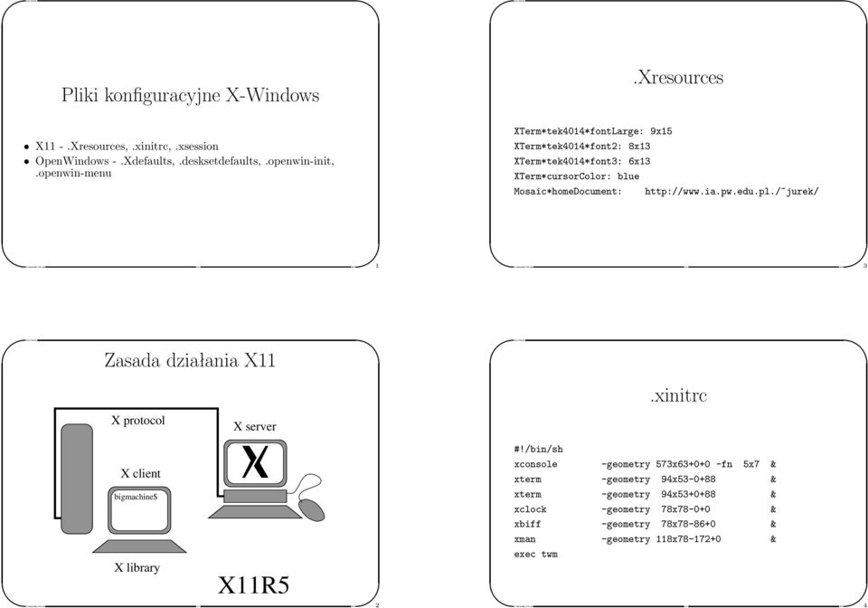 http://www.ia.pw.edu.pl./~jurek/ 1% 3% Zasada działania X11 X protocol X server.xinitrc X client bigmachine X library X11R5 2%!