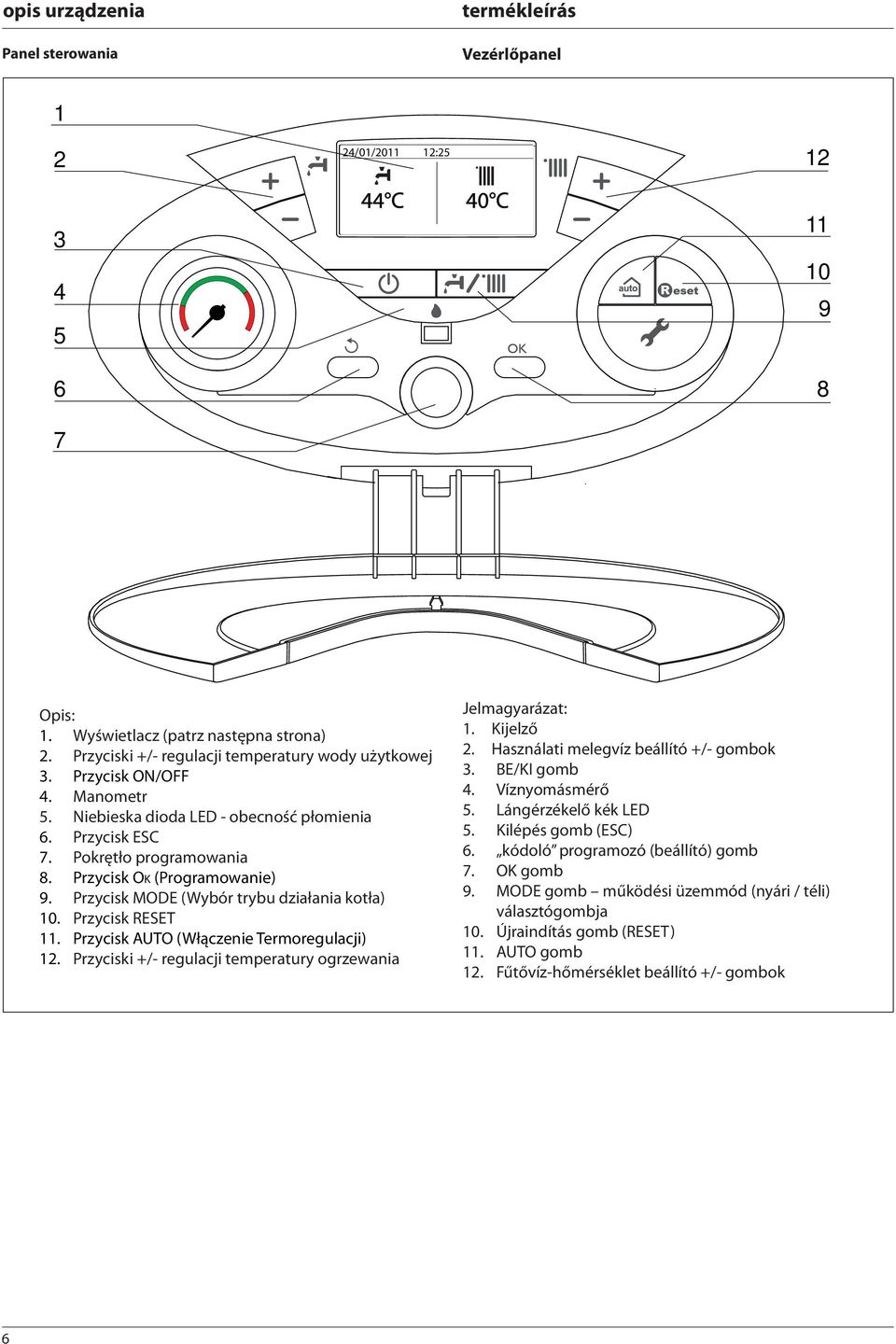 Przycisk RESET. Przycisk AUTO (Włączenie Termoregulacji) 2. Przyciski +/- regulacji temperatury ogrzewania Jelmagyarázat:. Kijelző 2. Használati melegvíz beállító +/- gombok 3. BE/KI gomb 4.