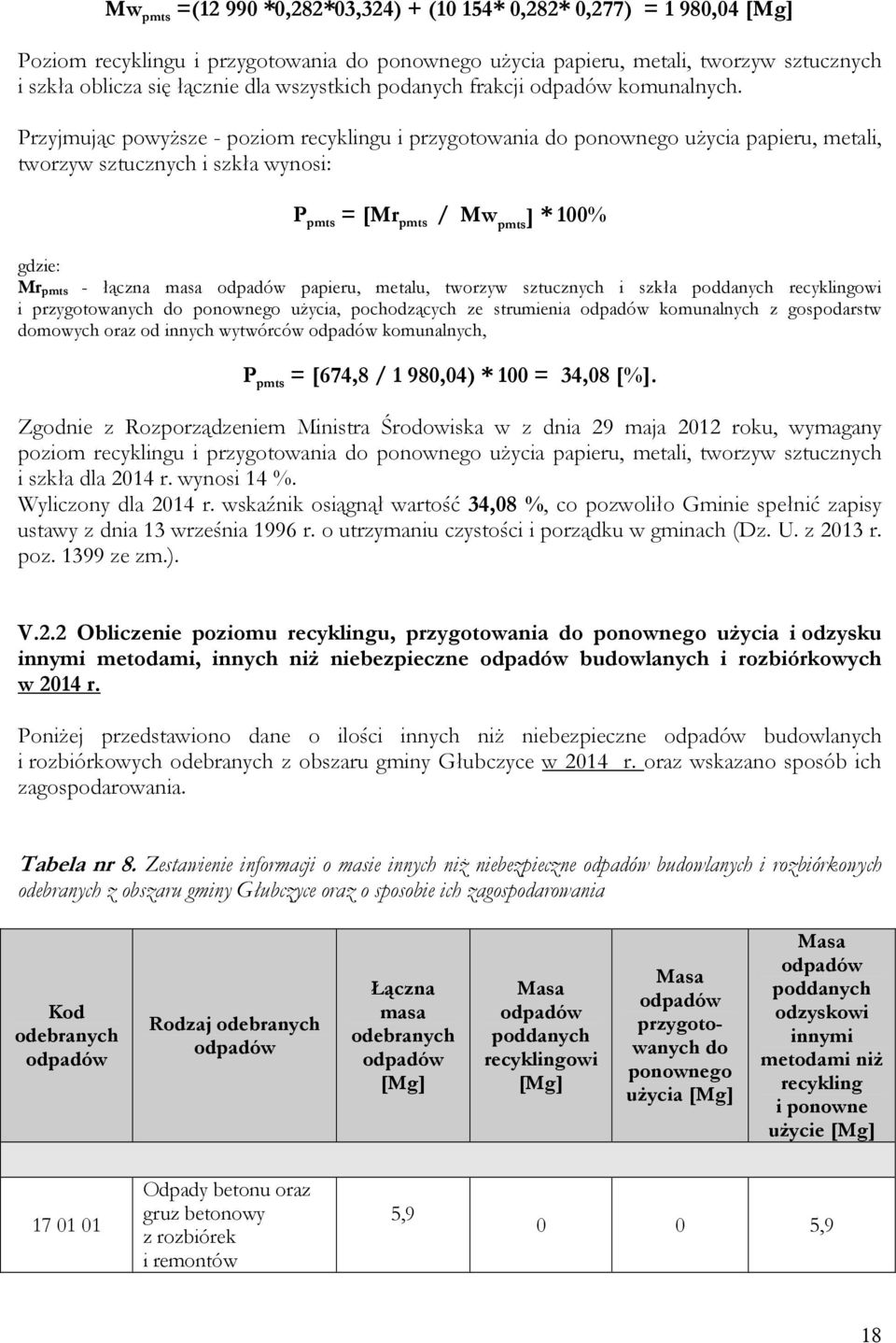 Przyjmując powyższe - poziom recyklingu i przygotowania do ponownego użycia papieru, metali, tworzyw sztucznych i szkła wynosi: P pmts = [Mr pmts / Mw pmts ] * 100% gdzie: Mr pmts - łączna masa