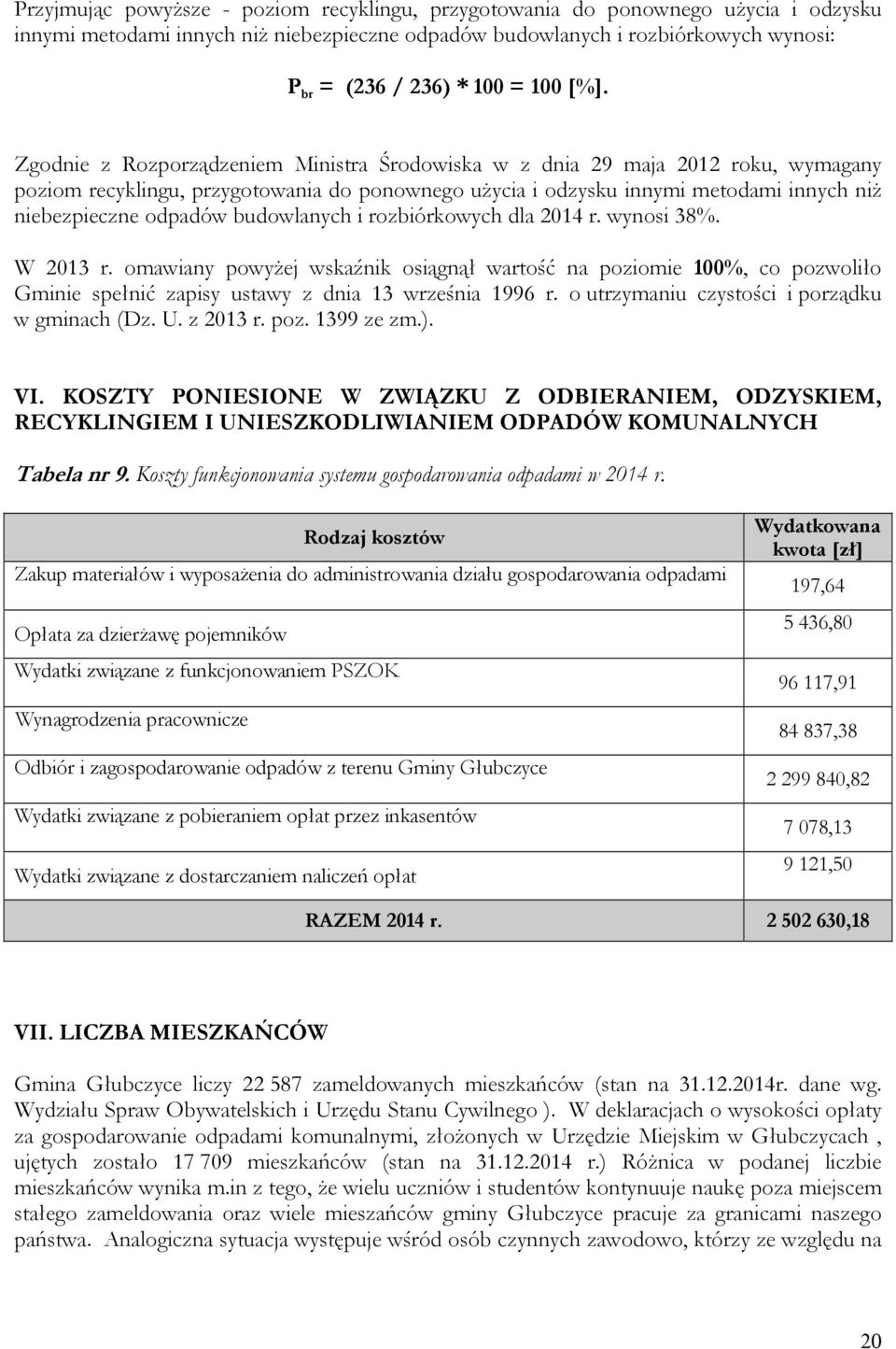 i rozbiórkowych dla 2014 r. wynosi 38%. W 2013 r. omawiany powyżej wskaźnik osiągnął wartość na poziomie 100%, co pozwoliło Gminie spełnić zapisy ustawy z dnia 13 września 1996 r.