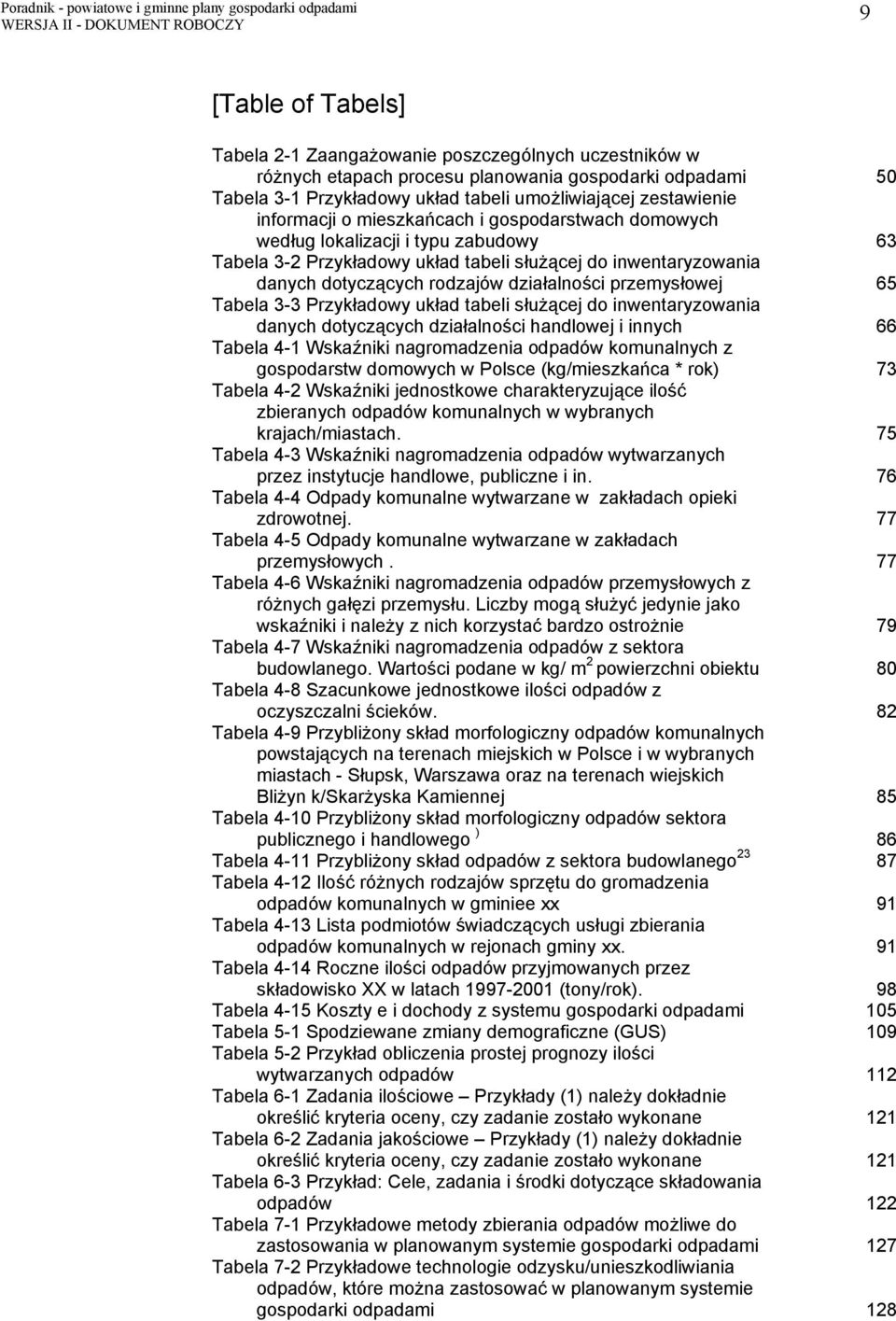 przemysłowej 65 Tabela 3-3 Przykładowy układ tabeli służącej do inwentaryzowania danych dotyczących działalności handlowej i innych 66 Tabela 4-1 Wskaźniki nagromadzenia odpadów komunalnych z